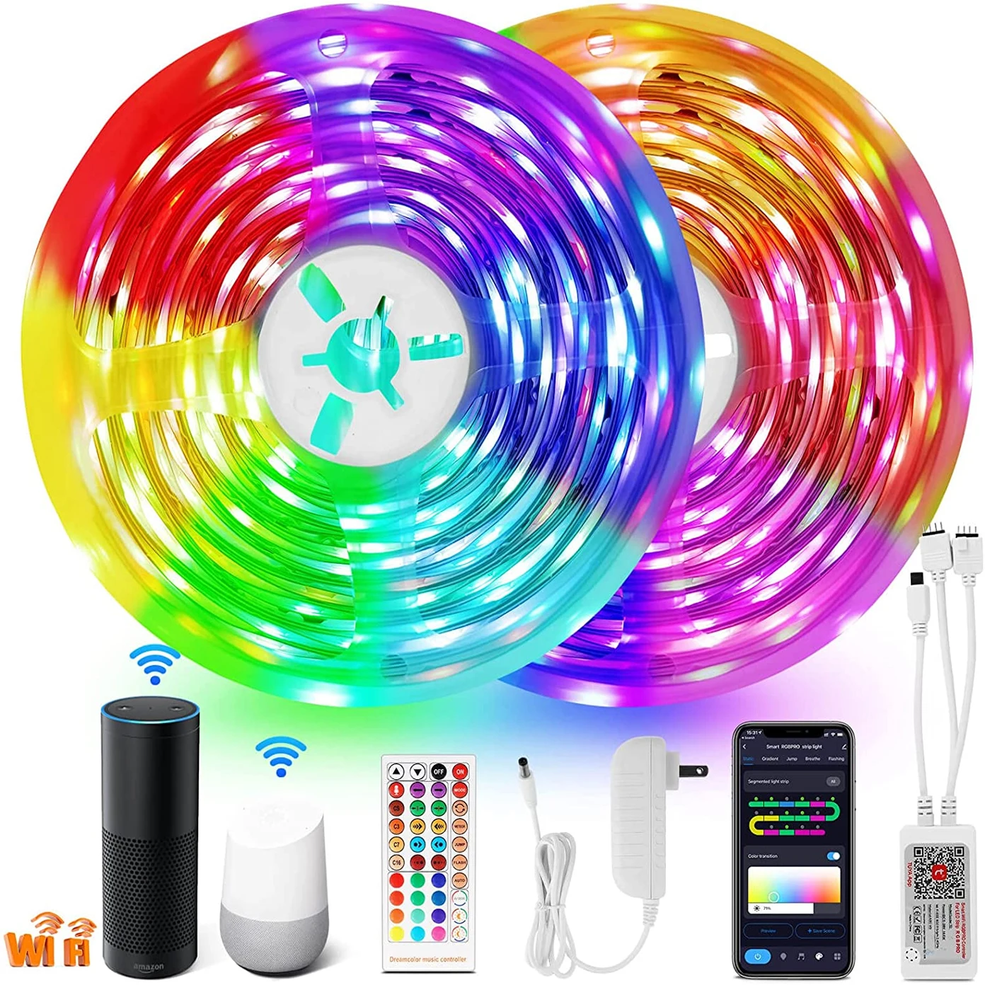 

50FT LED Strip Lights with Alexa & Google Assistant Waterproof LED Lights for Bedroom WiFi App Control and Remote