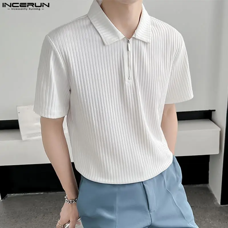 

INCERUN Top 2023 Korean Style New Mens Striped Drape Camiseta Casual Streetwear Male Solid Zippered Short-sleeved T-shirts S-5XL