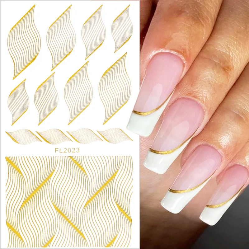 

1pc Gold Stripe Nails Stickers Metal Wave Lines Slider Triangle Rectangle Transfer Decals DIY Tips Nail Art Decorations Manicure