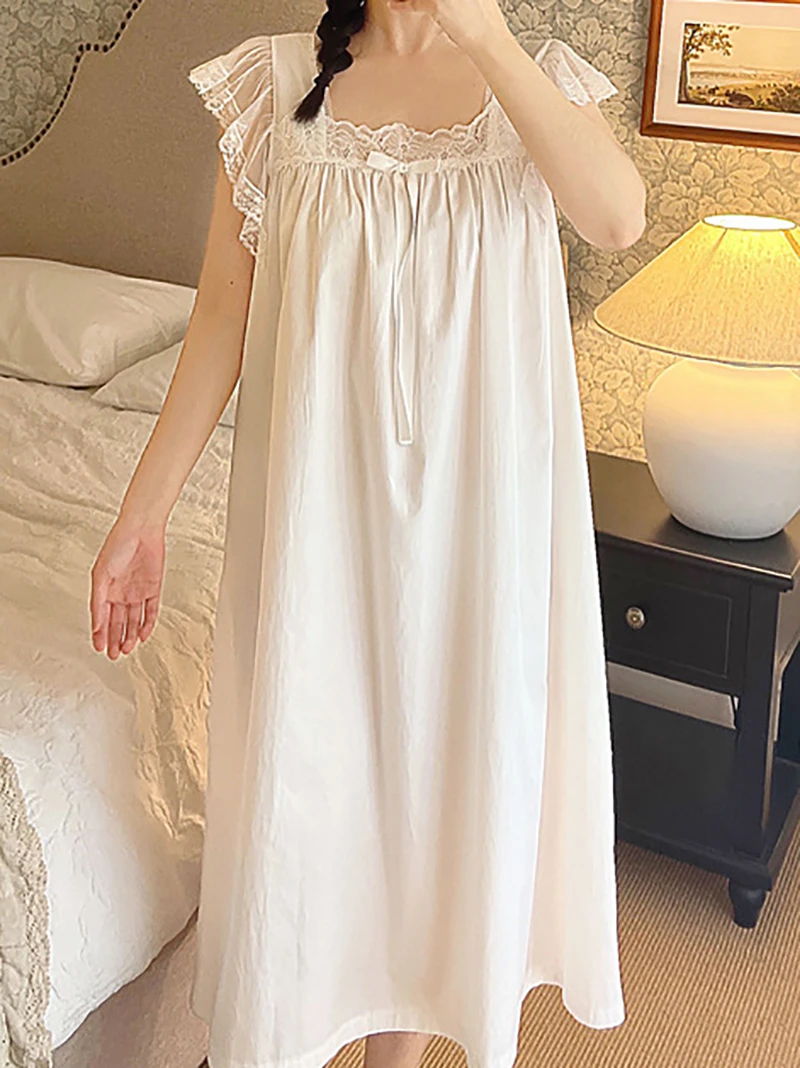 Women Cotton Lace Sleeveless Loose Fairy Princess Nightgowns French Sweet Girls Pajamas Summer Victorian Homewear Sleepwear