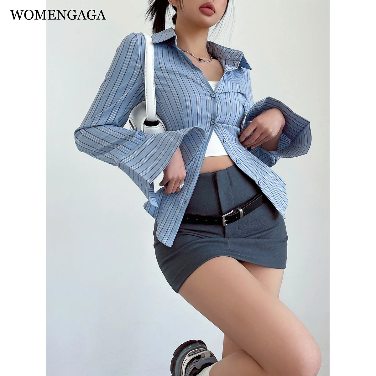 

WOMENGAGA Spicy Girl Chic Contrast Blue Stripe Long Sleeve Shirt Women Slim High Waist Top Fashion Blouse 2023 J1Y3