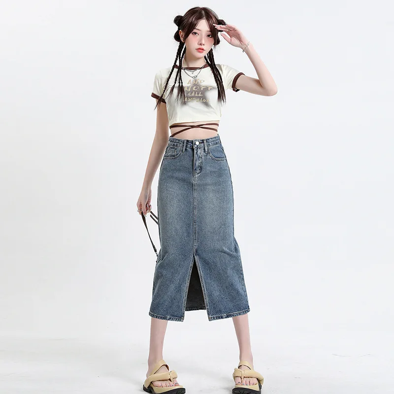 

Женская джинсовая юбка с высокой талией, голубая Повседневная Длинная юбка с разрезом в стиле ретро, модель Y2k на лето, 2023