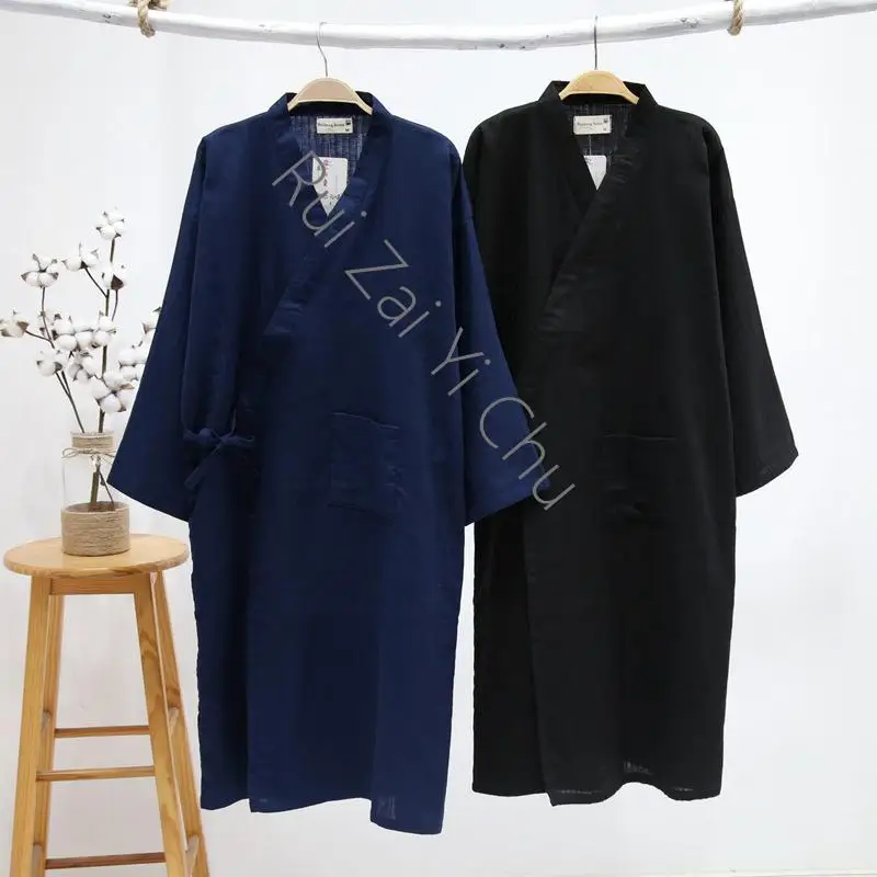 Summer Cotton Kimono Bathrobe Mens Robes Long Bath Robe Loose Leisure Nightgown New Men's Cotton Yarn Sleeping Gown Thin