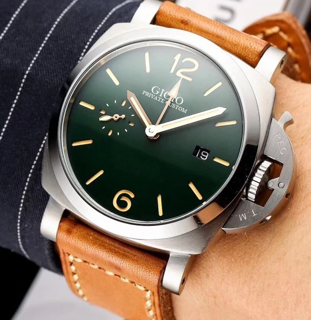 

Мужские автоматические механические коричневые кожаные часы GMT черные часы