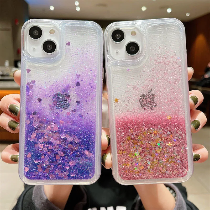 

Liquid Quicksand Bling Glitter Sequins Phone Case For iPhone 14 13 12 11 Pro Max X XR XS MAX 7 8 6 S Plus 5 SE Heart Star Cover