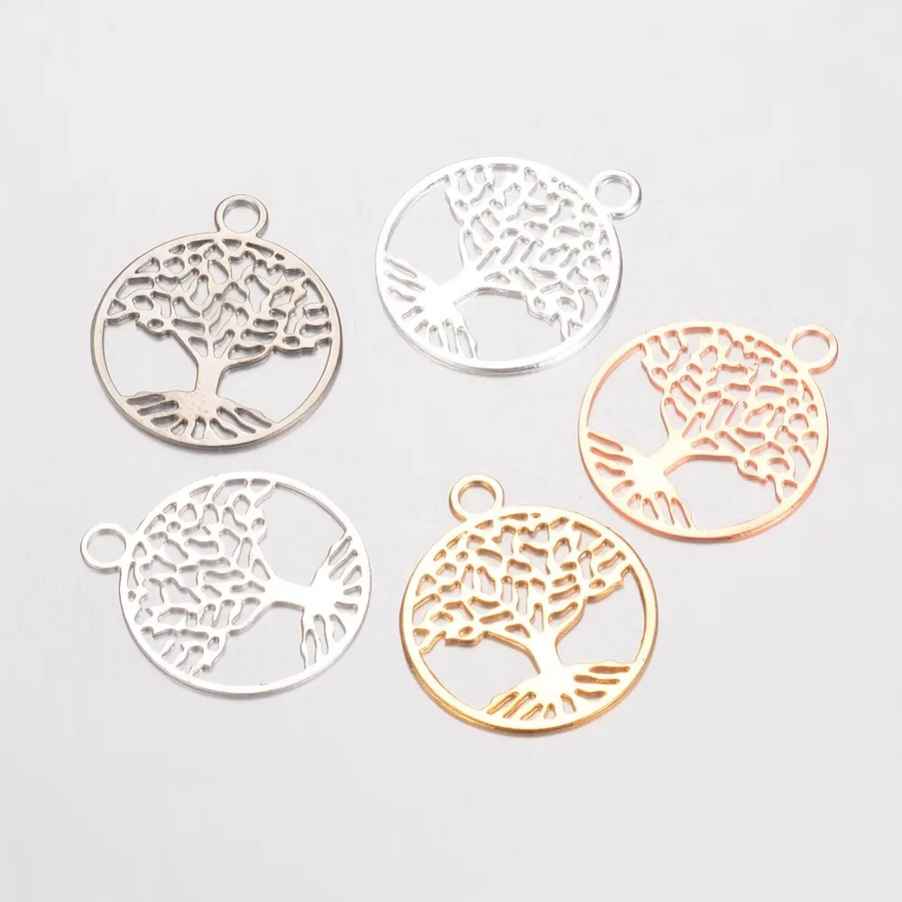 

5-10PC Brass Filigree Pendants Flat Round with Tree of Life Mixed Color Golden Silver Color Plated Color