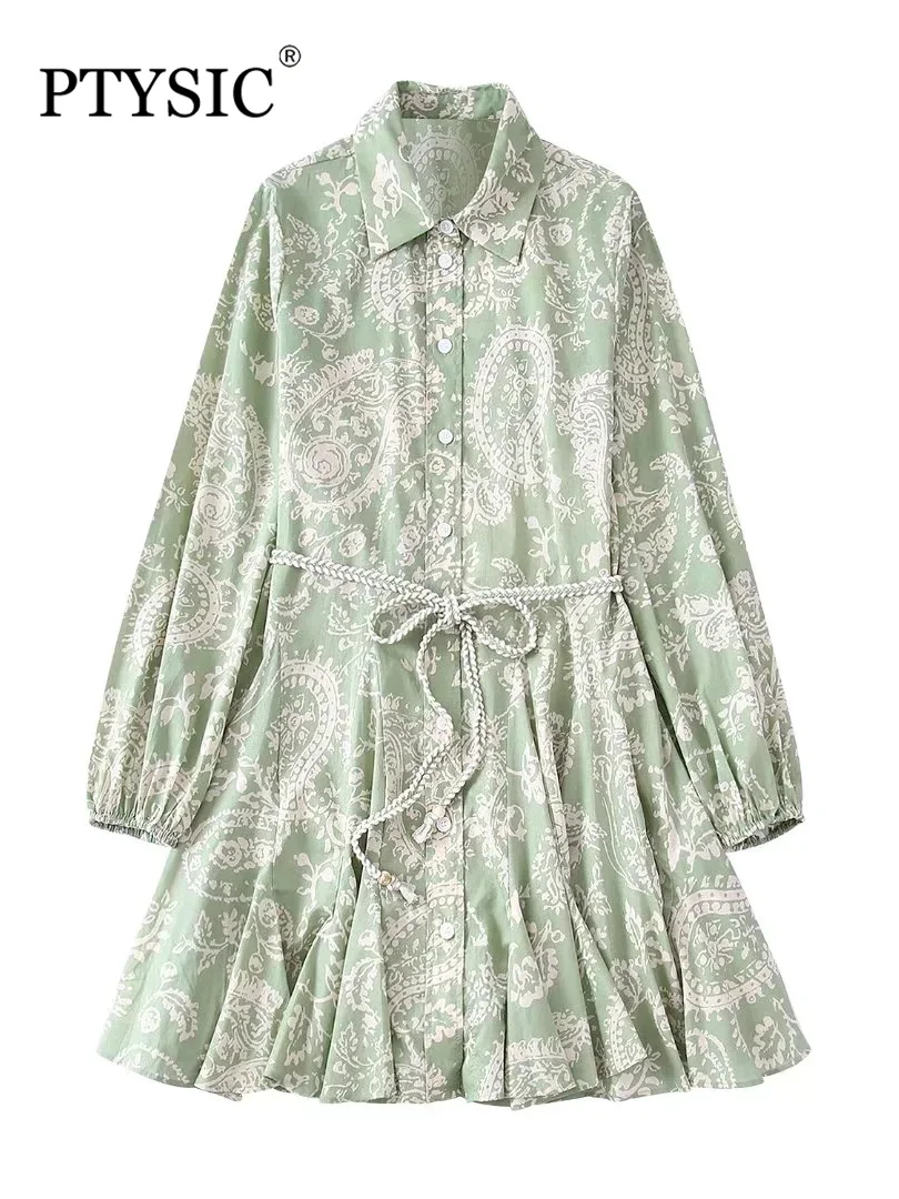 

PTYSIC Women Fashion With Print Beading Tied Shirt Mini Dress 2022 Summer Folds Single Breasted Full Sleeves Casual Vestidos