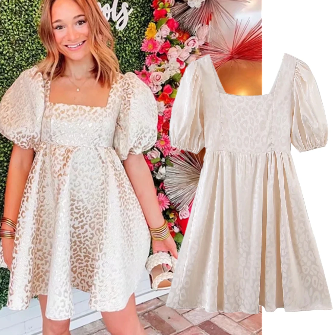 

Jenny&Dave French Style Fashion Party Dress Sexy Summer Ins Blogger Vintage Square Collar Satin Jacquard Weave Mini Dress Women