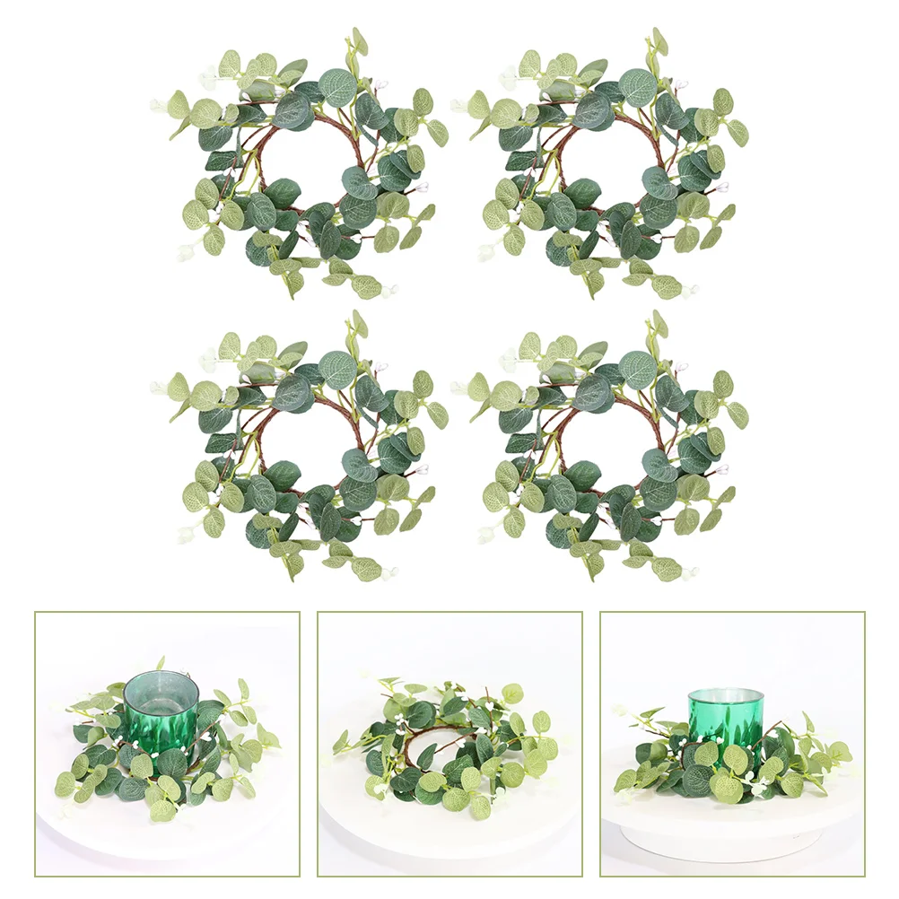 

4 Pcs Eucalyptus Wreath Ring Summer Table Decor Green Leaves Small Berries Made Stone Powder Rustic Home