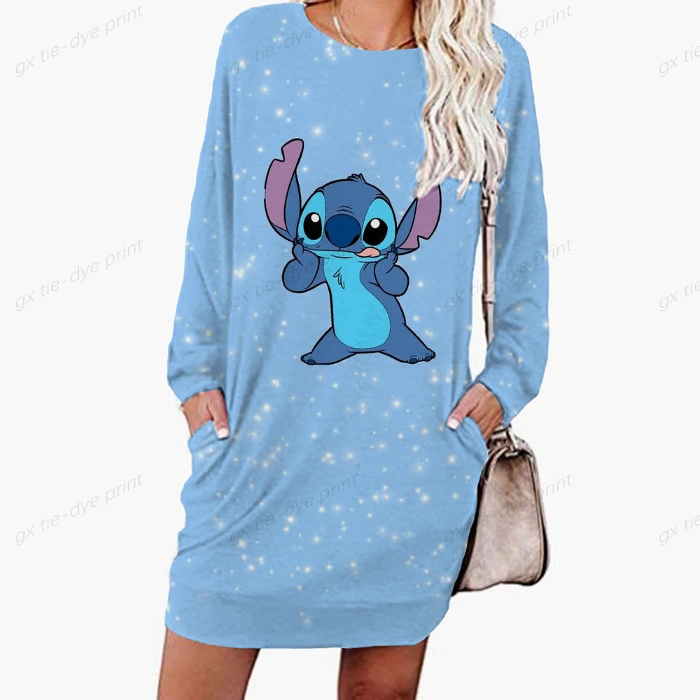 

Women Tid Dye Long Sleeve Shirts Autumn Winter Hoodies Sweatshirts Disney Stitch Print Casual Loose Pullover Sweatshirt Dress