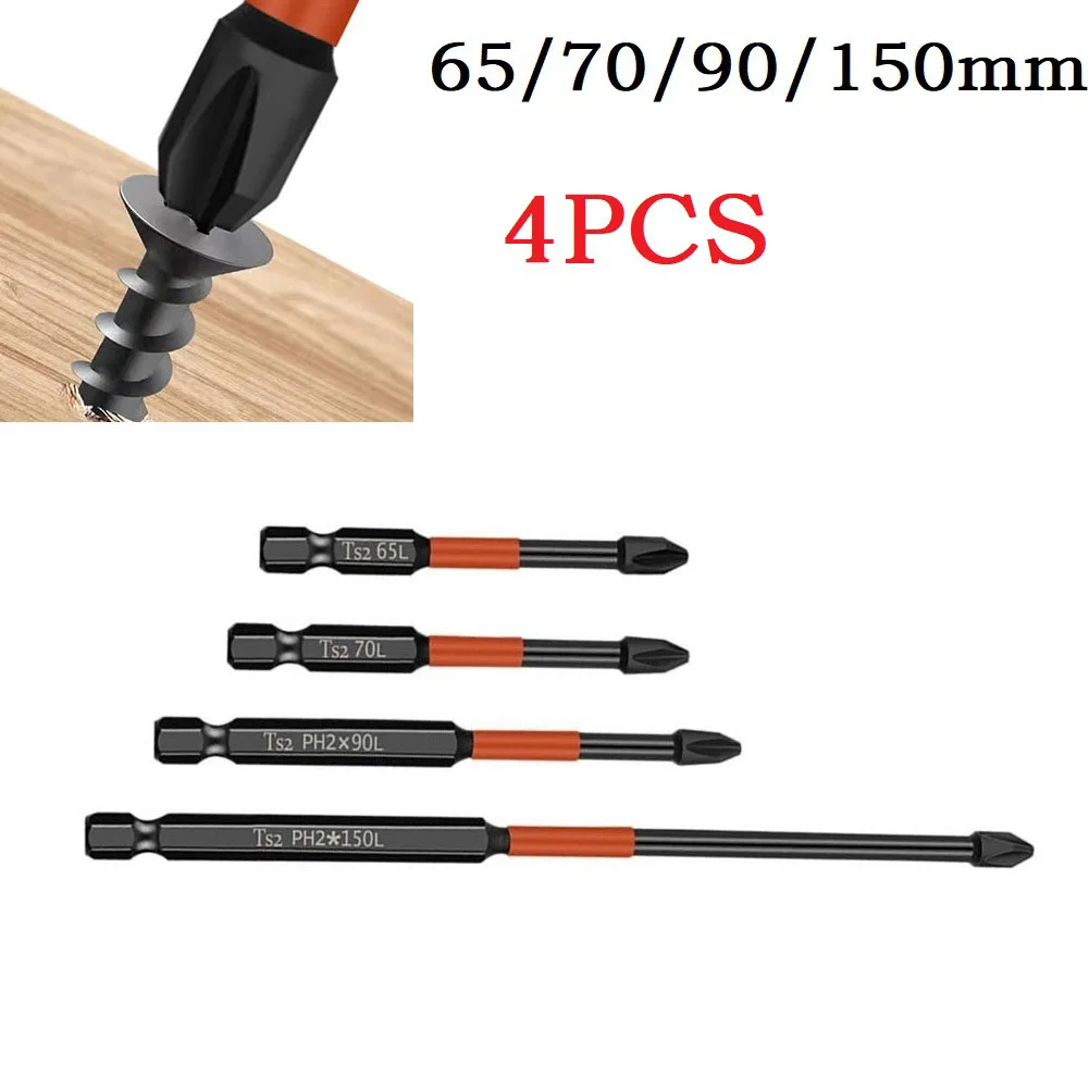 

4Pcs Cross Drill Bit PH2 Magnetic Head 65/70/90/150mm Length 6.35mm Hex Shank Electric Screwdriver Impact Drill Tool Accessories
