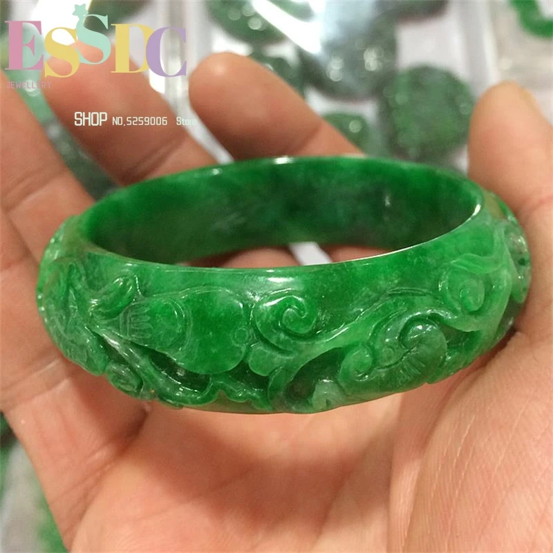 

100%Real Natural Handmad 7A Hand Carved Pattern Flower Green Jade Bangles Women Emerald Bracelet
