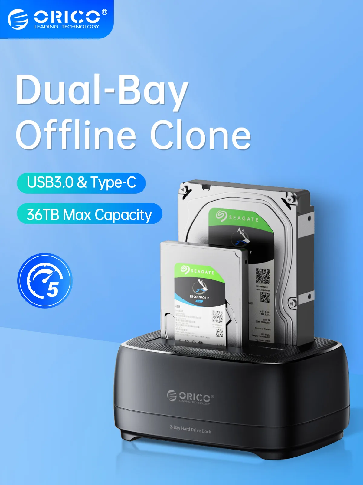 

ORICO Offline Clone Hard Drive Docking Station USB3.0 & Type-C 5Gbps Dual-bay Hard Disk Enclosure 2.5/3.5 Inch HDD/SSD