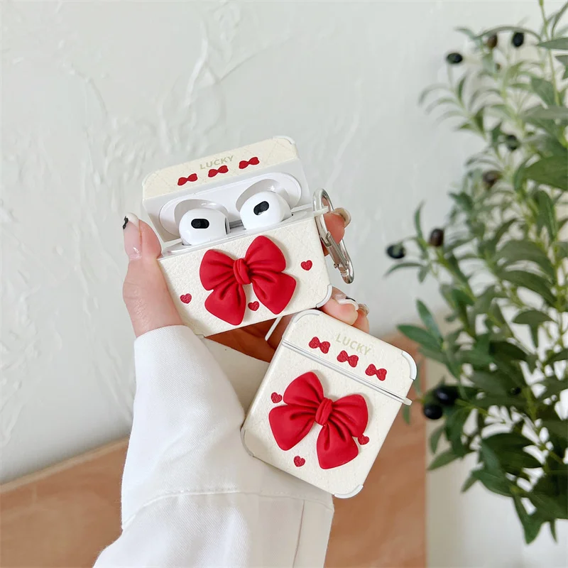 

Korean Style Sweet Skin Texture Three-dimensional Red Bow Tie Apricot Lucky Skin Friendly For Airpods 1 2 3 Pro Earphone Case