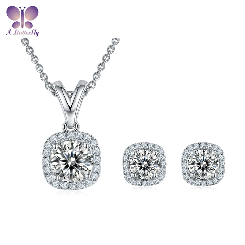 

AButterfly 100% Sterling Silver D Color Moissanite Square Halo Necklace Pendant Stud Earrings Set Women Wedding Fine Jewelry