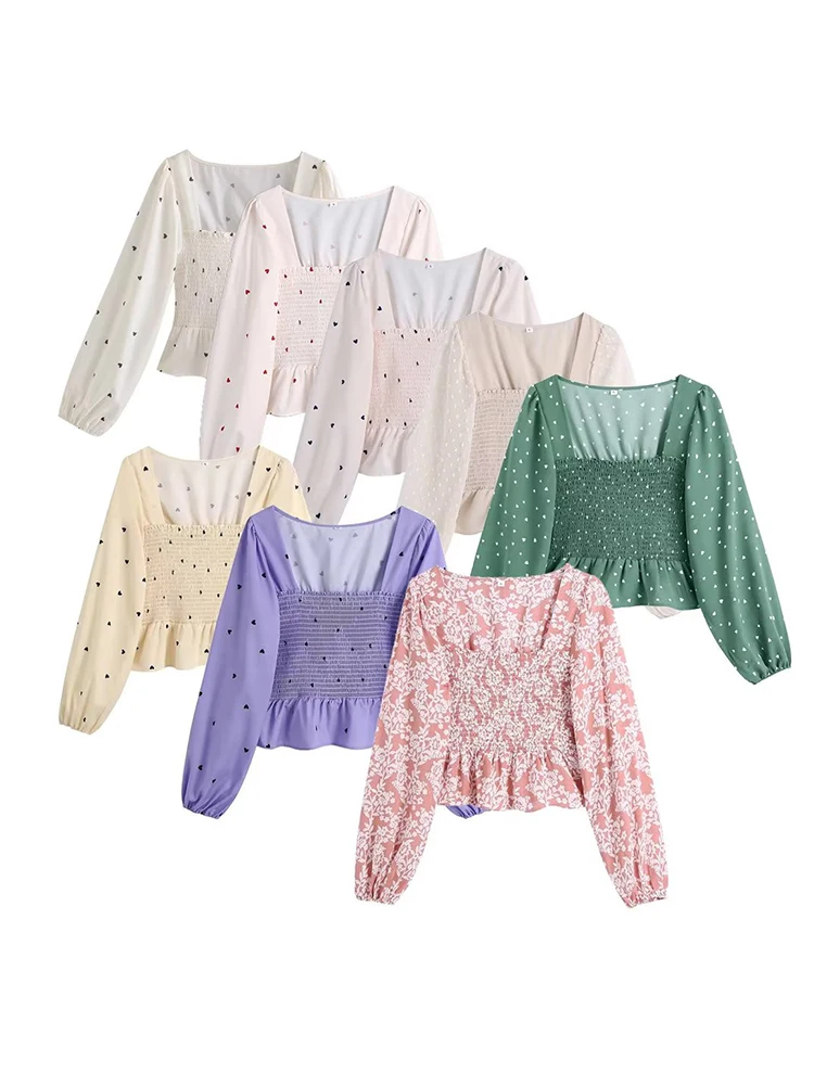 

The new summer 2022 women's stylish, elegant, sweet, chic, retro, casual, square collar, printed elastic, flounced, long-sleeve