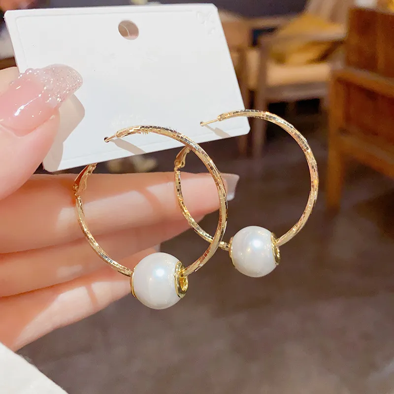 

4cm Single Pearl Circle Hoop Earrings For Women High Grade Personality New Trendy Jewelry Earings Wholesale