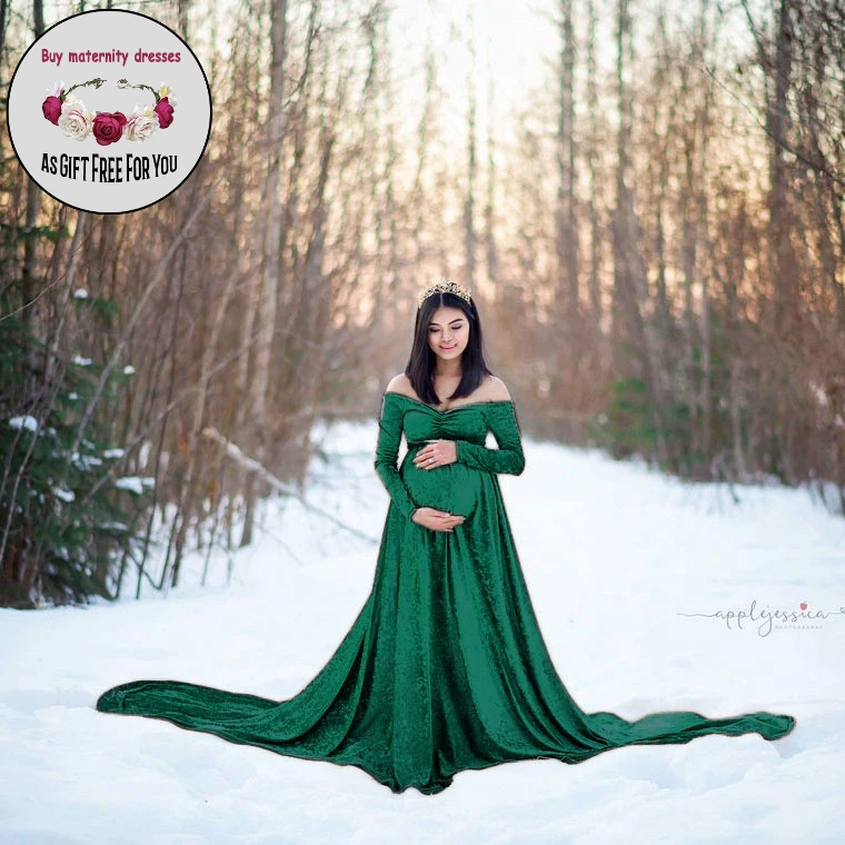 

Women Off Shoulder Maternity dress Golden velvet Gown Maxi Photography Dress for Photo Shoot Photo Props Dress