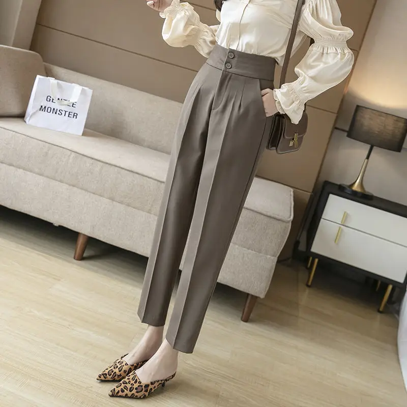 

Spring Summer New Women Solid Color High Waist Loose Harem Work Wear Pants Female Elegant Soft All-match Straight Trousers S02