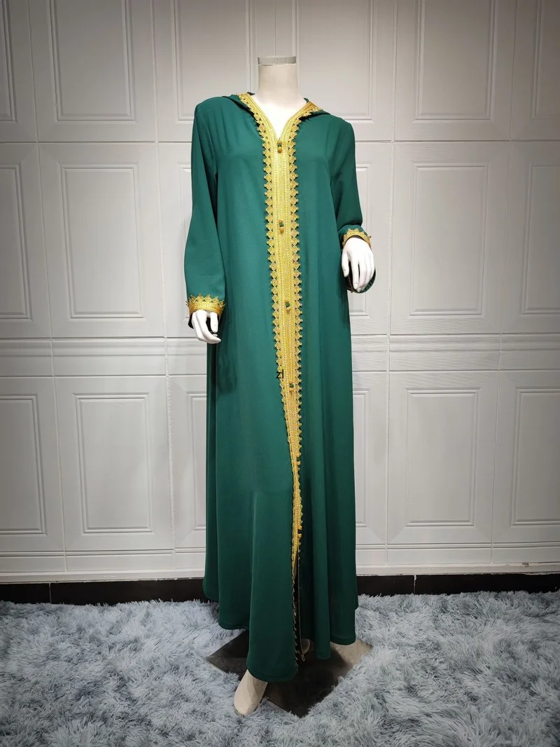 Women's Jalabiya Ramadan Green Hooded Ethnic Muslim Fashion Dress Kaftan Abaya Dubai Turkey Moroccan Arabic Clothes