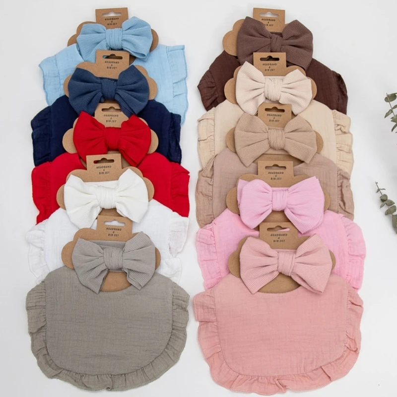

Elegant Cotton Baby Bibs & Headbands Set Newborn Bow Hairband with Drool Cloth for Boys Girls Newborn Shower Present
