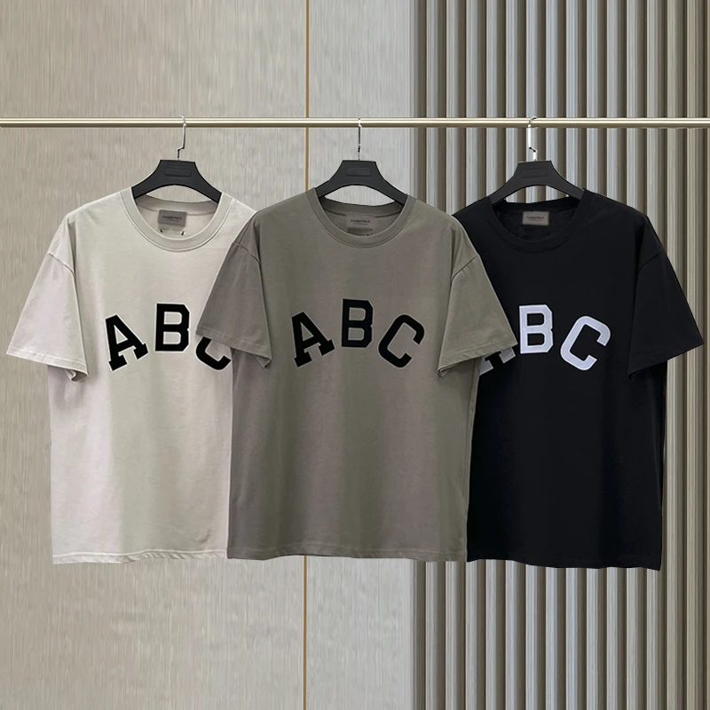 

New Essentials season 7 fashion high street Unisex T-shirt ABC flocking logo 100% cotton tee hip hop loose oversize short sleeve