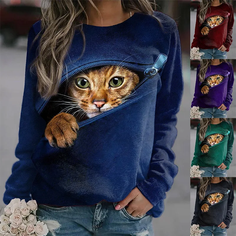 

2022 New Autumn Winter Ladies Animal Print Long Sleeve Everyday Sweater Vintage Elegant Pullover Casual Top Round Neck T-shirt