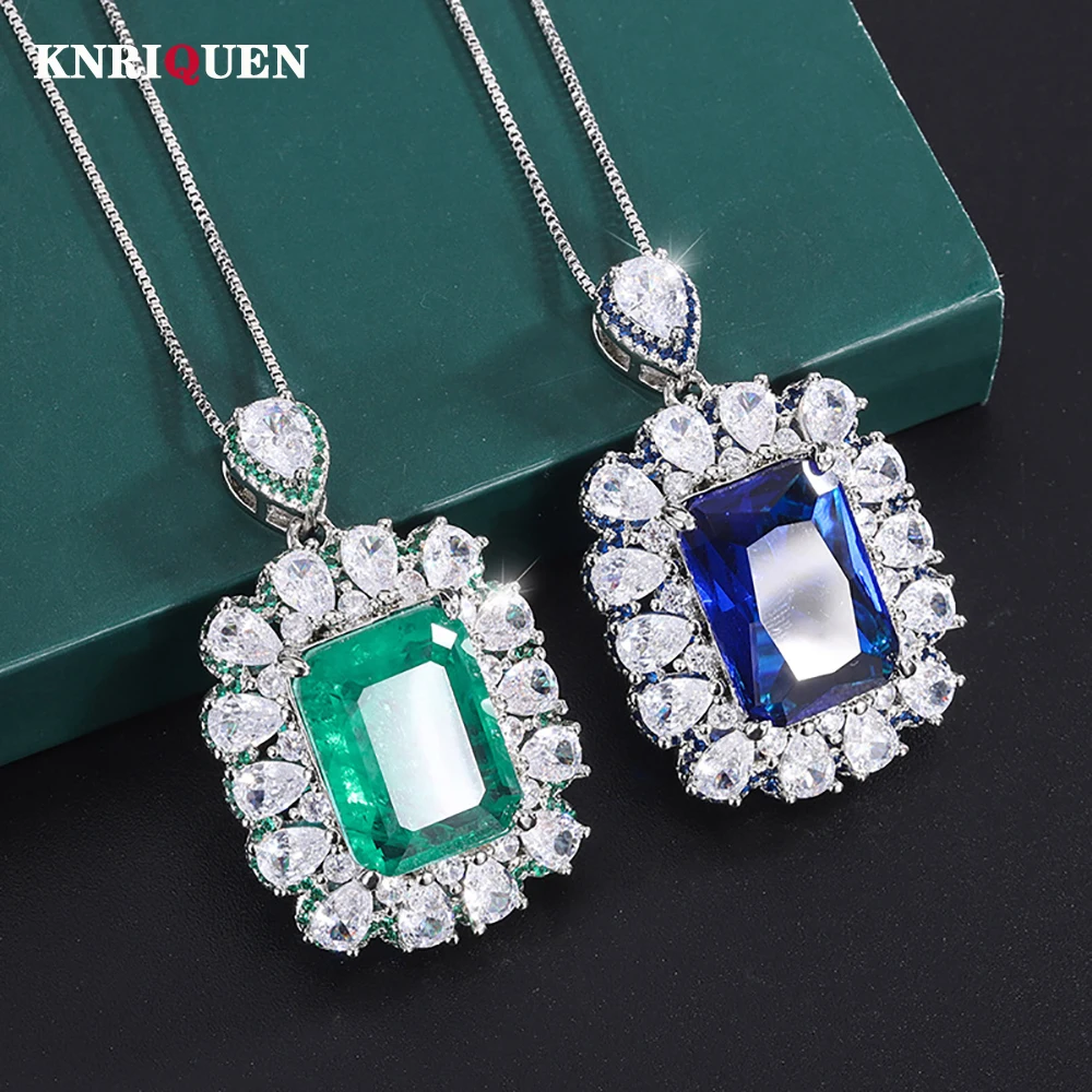 

Luxury 13*18mm Emerald Sapphire Pendant Necklace for Women Lab Diamond Gemstone Cocktail Party Fine Jewelry Accessories Gifts
