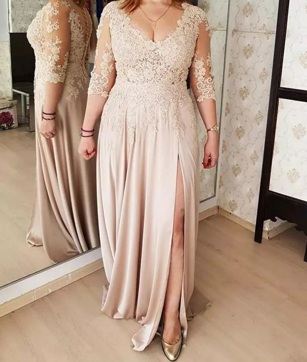 

Appliques Mother of The Bride Dresses V-neck 3/4 Sleeves Wedding Party Dress Mother Dresses for Wedding Vestido Mae Da Noiva