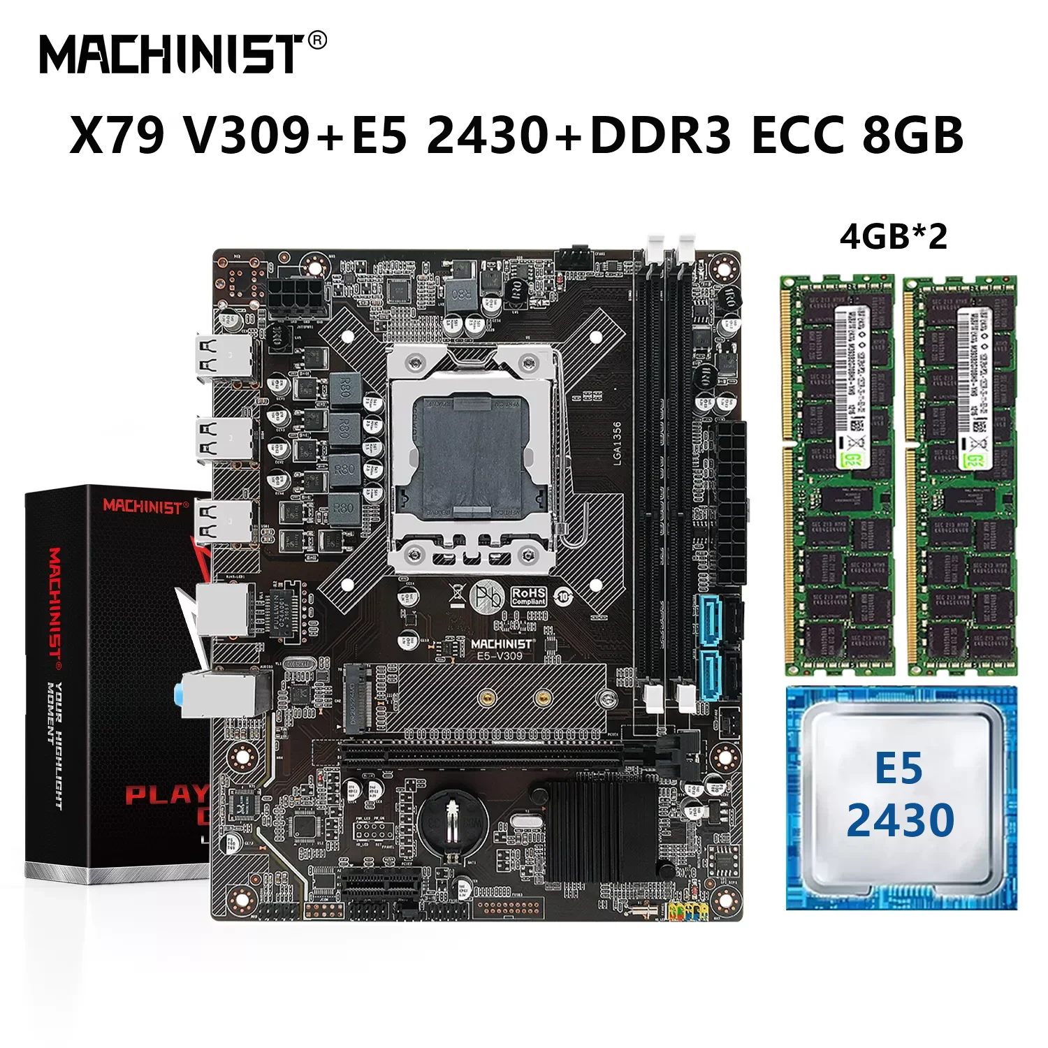 Machinista x79 placa-mãe lga 1356 conjunto kit com xeon e5 2430 processador cpu 8gb (2*4gb) ddr3 ecc ram memória m.2 nvme X79-V309