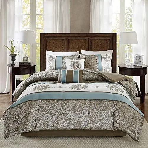 

Park Comforter Faux Silk-Traditional Luxurious Jacquard Design All Season Set, Matching Bed Skirt, Decorative Pillows, King(104&