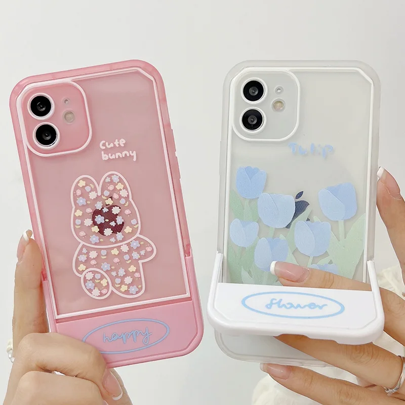 

Fashion Flip Cover Invisible Stand Clear Tulip Rabbit Phone Case For iPhone 13 Pro Max 12 11 XR X XS Max 7 8 Plus Soft Cover