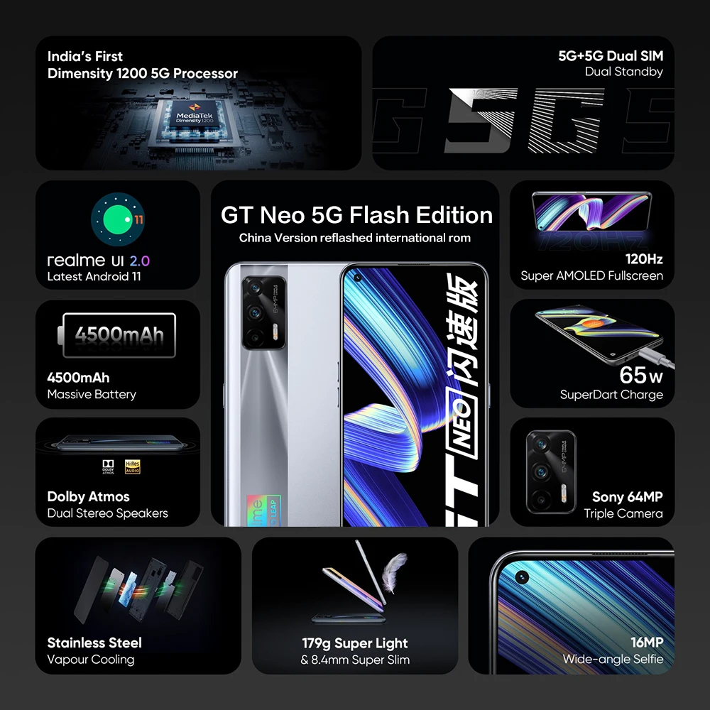 Najtaniej Realme GT Neo 5G Flash Edition Międzynarodowy ROM 8GB + 128GB 120Hz Super AMOLED Dimensity 1200 65W Dart Charge NFC