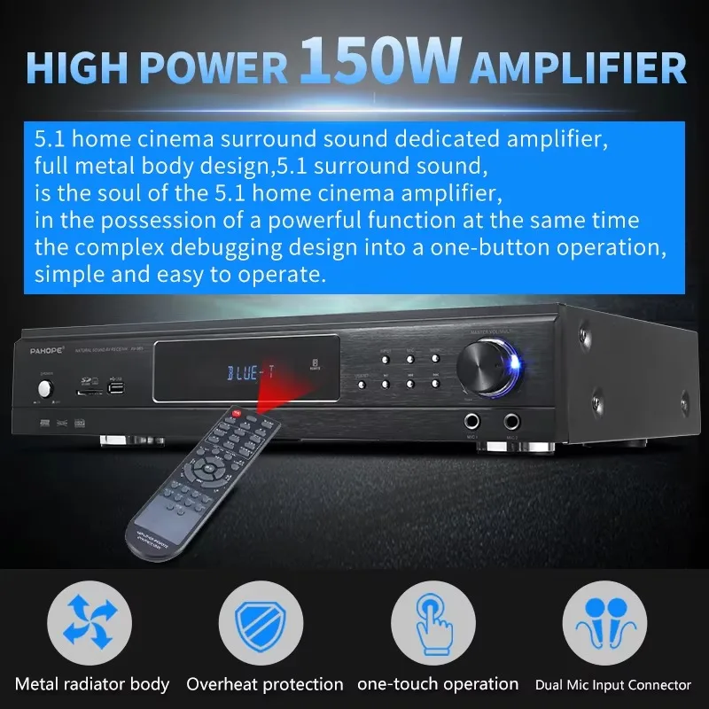 Фото Домашняя аудиосистема 5.1: 6-канальный Hi-Fi усилитель мощности, Bluetooth, AV, караоке, сабвуфер, аудиосистема для дома №2