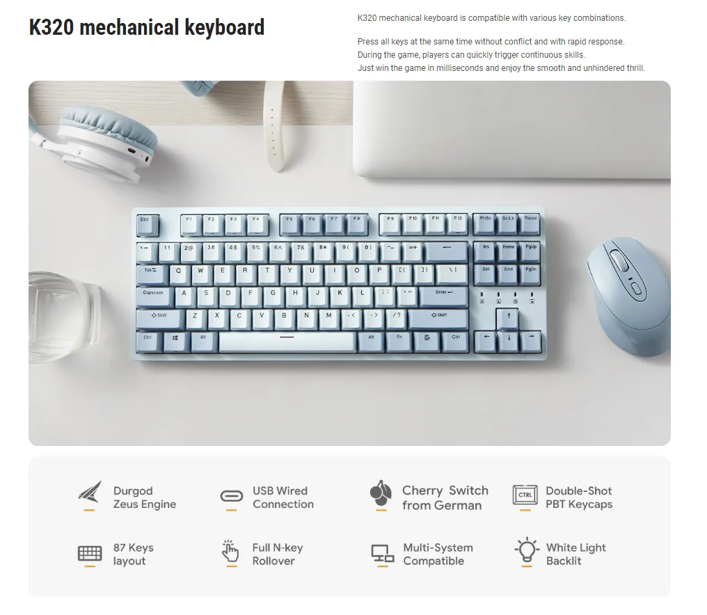 Механическая Проводная клавиатура Durgod Taurus K320 Corona TKL 87 клавиш подходит для набора
