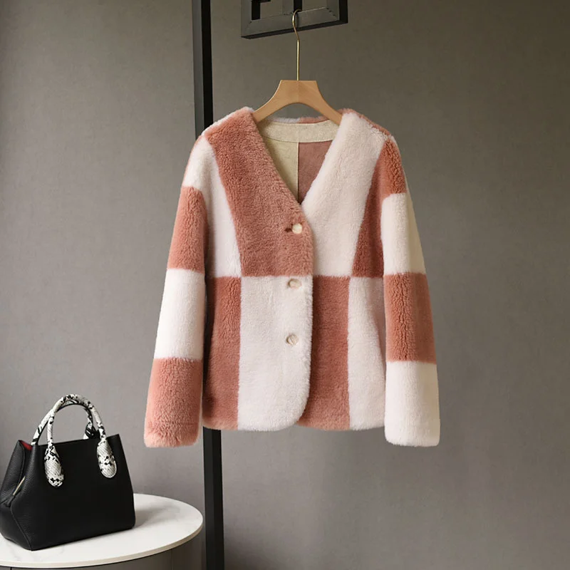Lamb Wool Coat Autumn Winter 2022 Korean Chic Women Checkerboard Wool Grain Cashmere Lamb Fur Coat Fashion Casual Lady Jackets