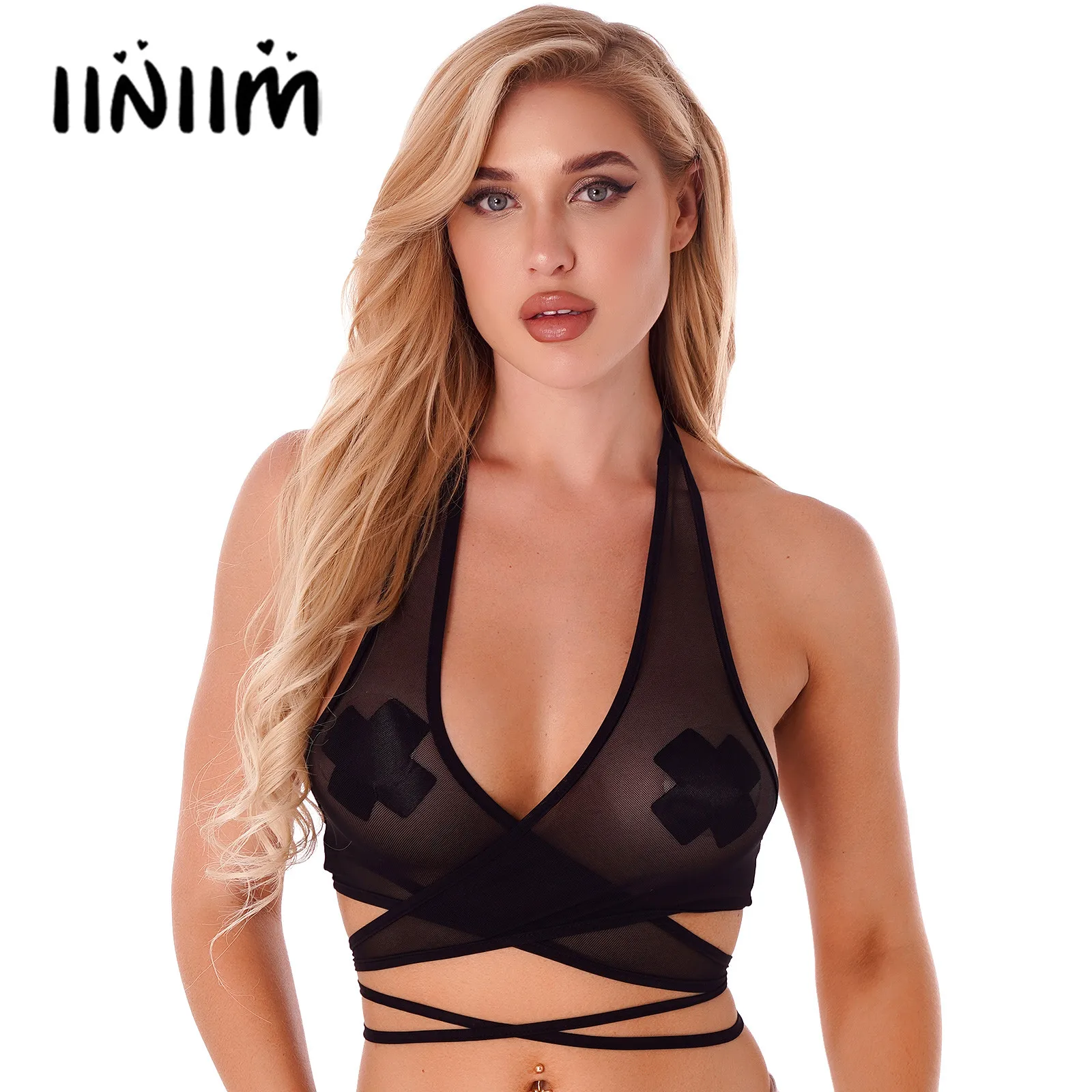 

Womens Criss Cross Lace-up Top Lingerie See Through Sheer Mesh Crop Top Halter Sleeveless Backless Camisole Beachwear Clubwear