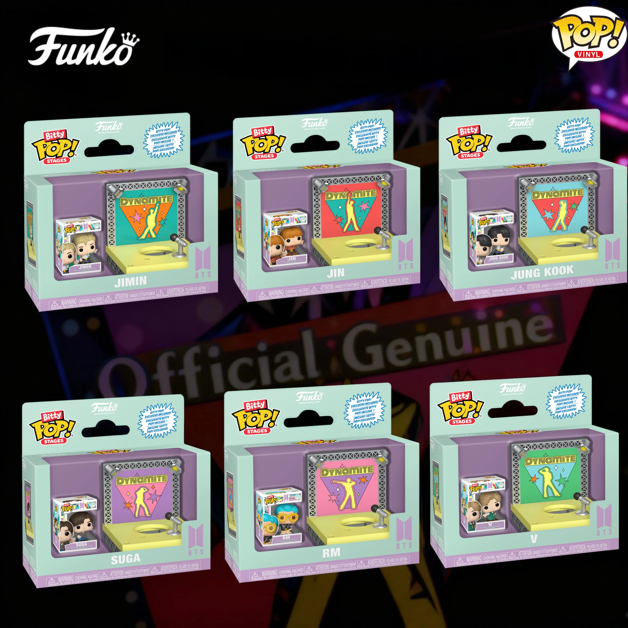 Фото Фигурка FUNKO BTS Stages RM,Jin, Suga, V, Jimin, Jung Kook, (Динамит) Stage Scene Bitty Pop! Серия Фигурка Модель Игрушка в подарок №1