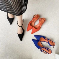 royal blue orange suede women sandals pointed toe summer 2022 mid heel stiletto sexy french dress shoes buckle slingback sandals