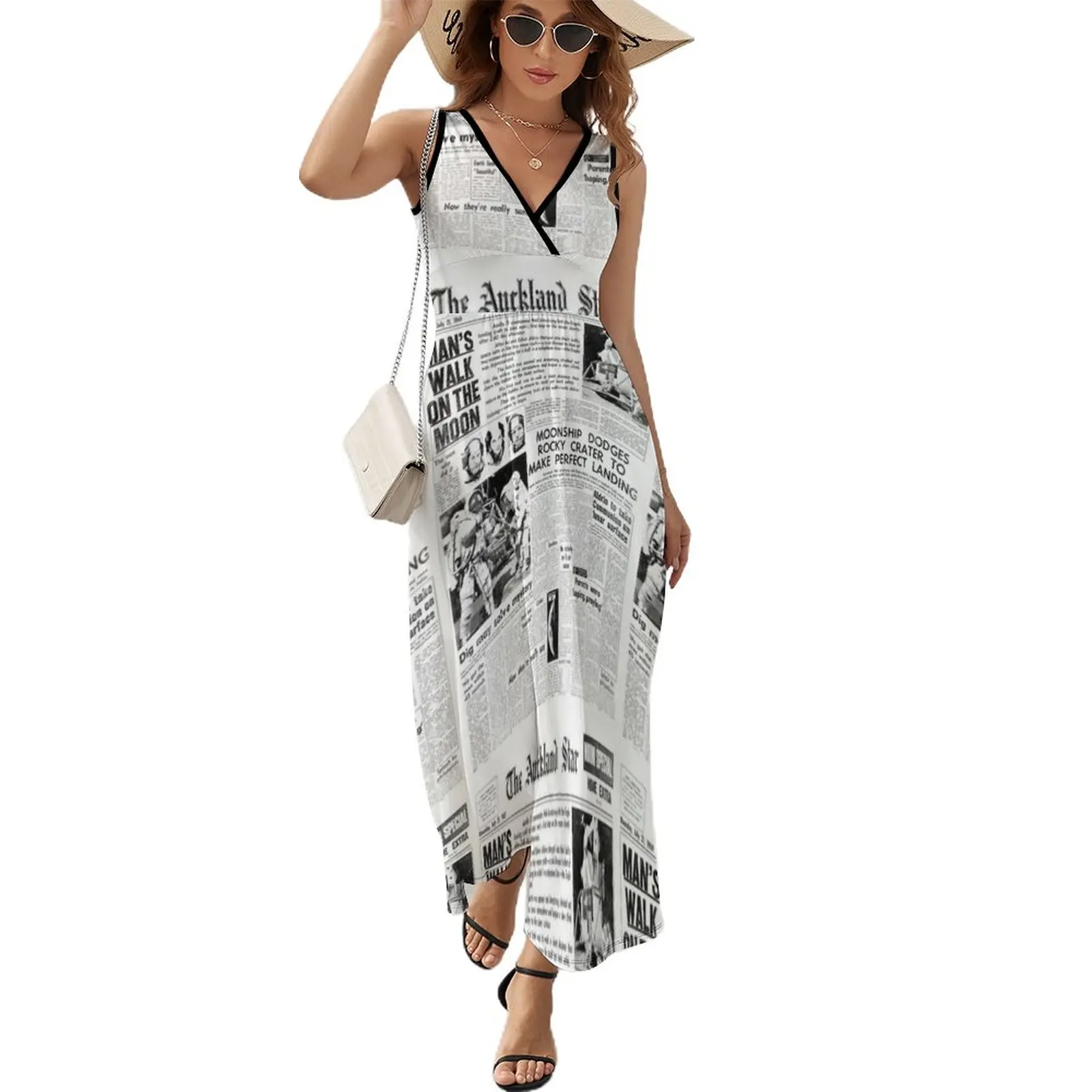 

Newspaper Headlines Dress Historic Moon Landing Vintage Maxi Dress V Neck High Waist Street Style Custom Bohemia Long Dresses