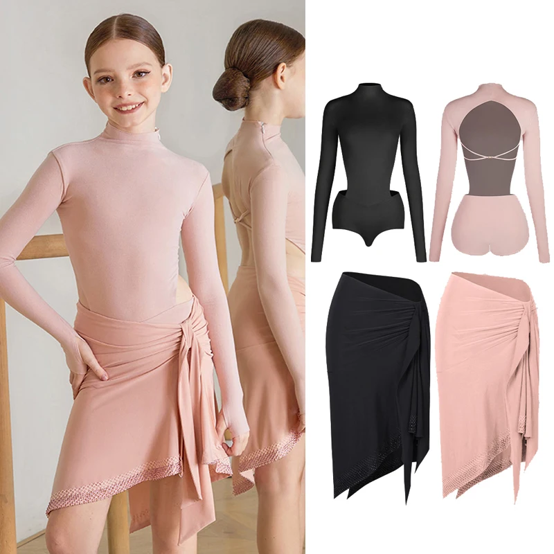 Костюм для латинских танцев девочек топы с высоким воротником и длинными
