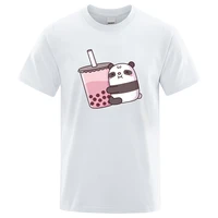 mens t shirt panda love milktea print 100 cotton short sleeve tees solid color summer wear o neck large size streetwear shirt