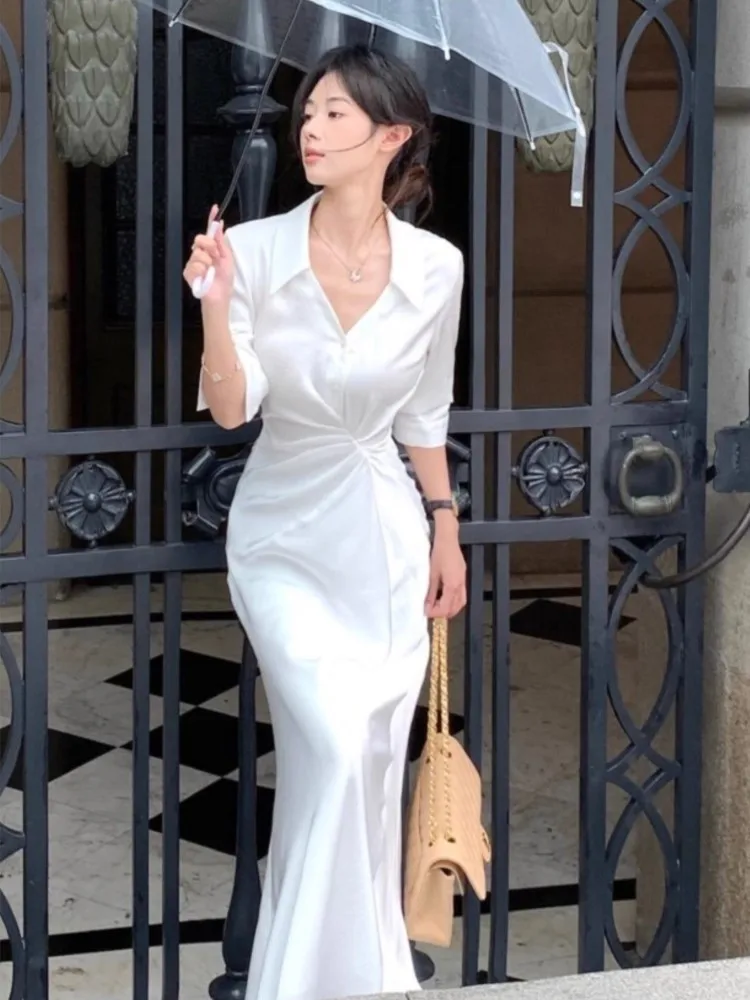 Осенние белые платья-рубашки с v-образным вырезом для женщин элегантное