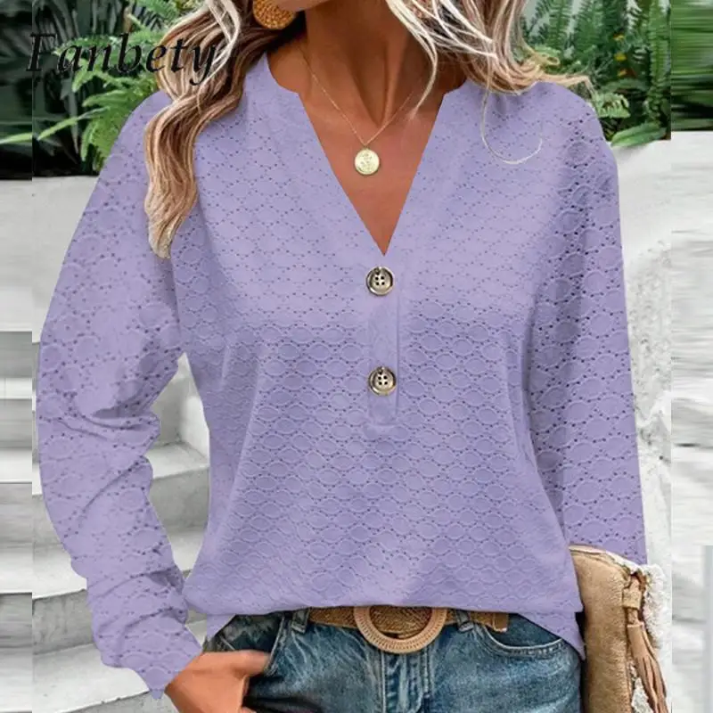 

Женский винтажный пуловер с V-образным вырезом, ажурный однотонный топ с длинным рукавом, Офисная уличная одежда на пуговицах, осень