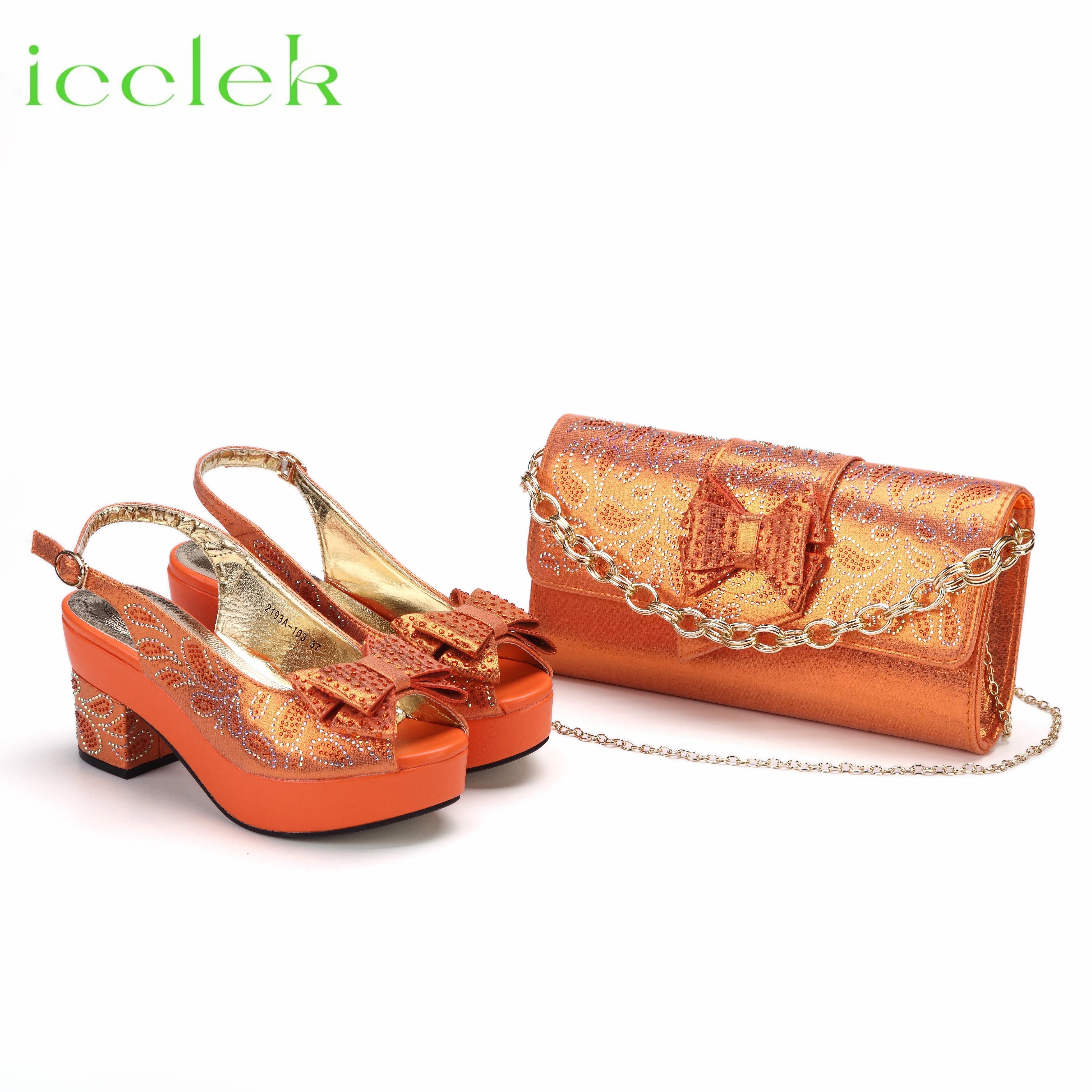 

Orange Shoes with Bag for Party Dress Platform Pumps Luxury Italian Bling Bling Rhinestone Female Sandals and Purse to Match