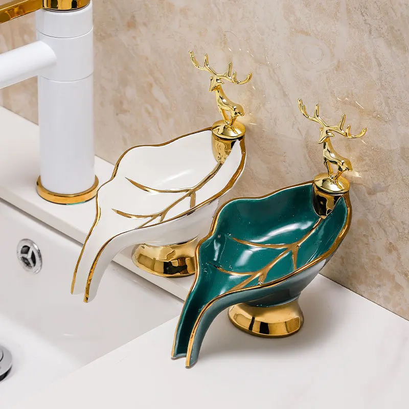 

New Light Luxury Ceramic Drain Soap Dish Nordic Deer Shape Soap Box Household For Bathroom Storage Plate Bathroom Supplies