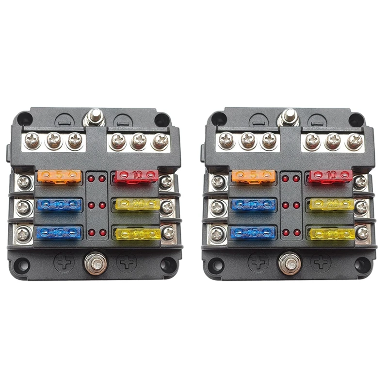 

2X 6-полосный блок предохранителей с отрицательной светодиодной лампой для автомобилей, домов на колесах, автомобилей, лодок, судов, грузовик...