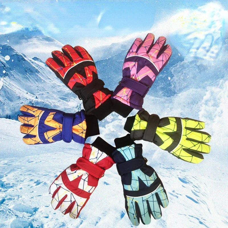 Winter Children Fashion Printing Grid Skiing Gloves Outdoor Sports Waterproof Cold Warm Plus Velvet Ski Riding Glove Nature Hike