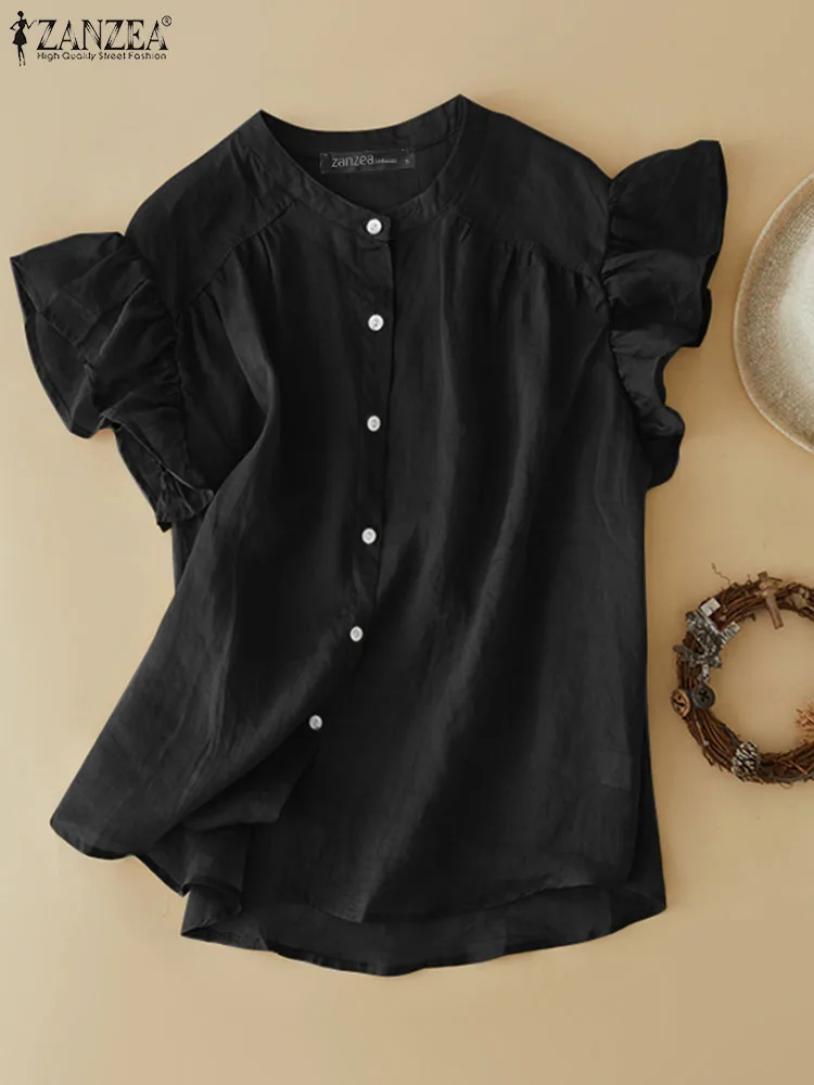 

ZANZEA Women Solid Loose Tee Shirt Blouse Pullovers Short Sleeve Blouse 2023 Sumemr Ruffled Tops Tunic Casual Oversized Blusa