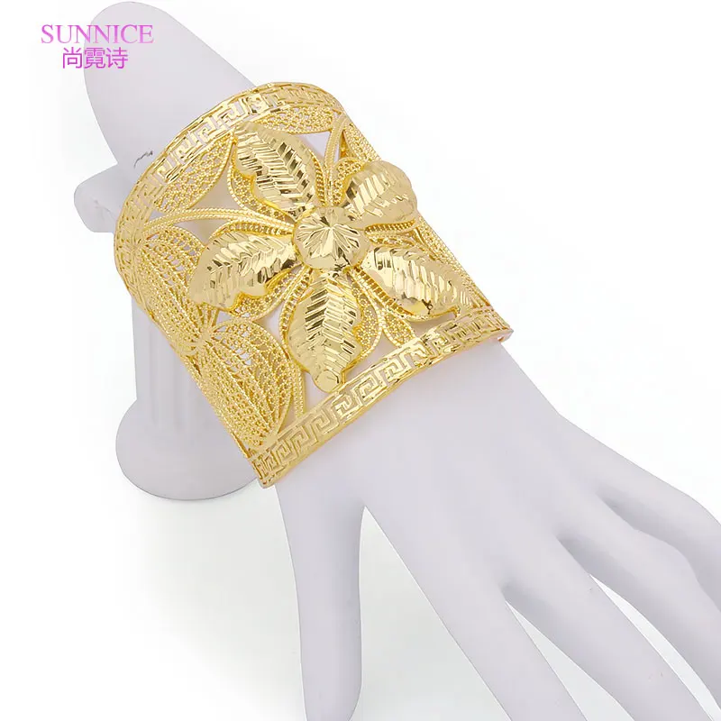 

SUNNICE 18k Gold Plated Flower Design Big Bracelet for Women African Bride Wedding Bangles Luxury Dubai Jewelry